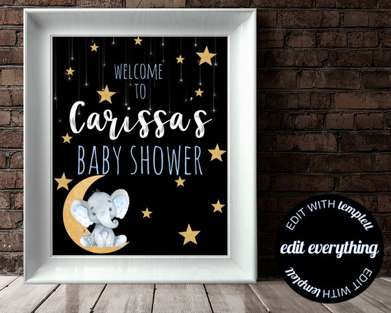 Elephant Baby Shower Welcome Sign Baby Welcome Sign Moon And Stars Baby Shower Decor Welcome Shower Sign Printable Editable Welcome Sign