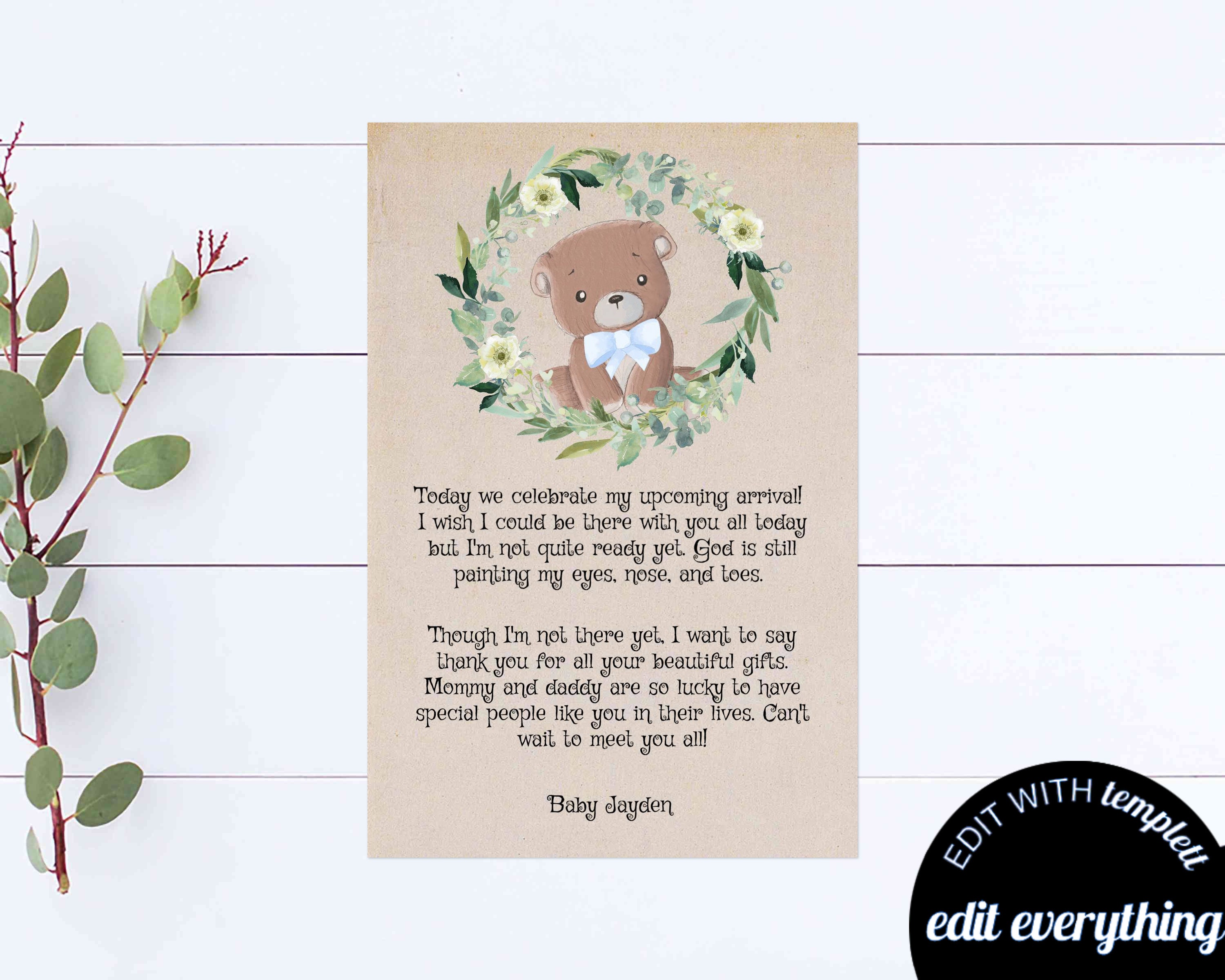 Buy Bear Baby Shower Poem Party Favor Blue Bear Baby Shower Online in India - Etsy