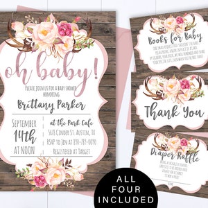 May include: A set of four printable baby shower cards in a pink and brown colour scheme. The cards feature a floral design with antlers and the text "Oh Baby!" "Books for Baby" "Thank You" and "Diaper Raffle".