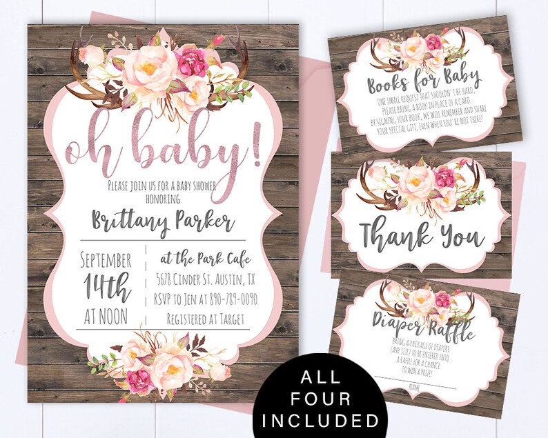 May include: A set of four printable baby shower cards in a pink and brown colour scheme. The cards feature a floral design with antlers and the text "Oh Baby!" "Books for Baby" "Thank You" and "Diaper Raffle".