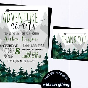 Adventure Awaits Baby Shower Invitation Template Adventure Baby Shower Invite Adventure Woodland Baby Shower Invitation Mountain Adventure