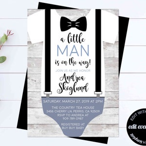 A Little Man Is On The Way Baby Shower Invite Bow Tie Onesie Little Man Baby Shower Invite Boy Baby Shower Invite Little Man Baby Shower