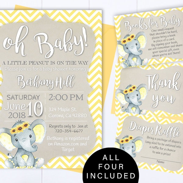 Yellow Elephant Baby Shower Invite Yellow and Floral Baby Girl Shower Invitations Yellow Elephant Girl Baby Shower Sunflower Elephant Invite