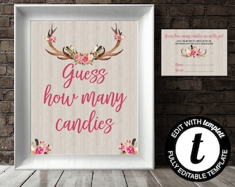 Floral Antler Candy Guessing Game Guess How Many Baby Shower Games Candy Guess Game How Many Candies Baby Shower Activity Shower Candy Game