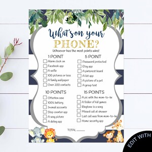 safari What&#39;s On Your Phone Baby Shower Game Phone Game Printable Shower Game Safari Phone Baby Shower Game Blue What&#39;s On Your Phone? Game