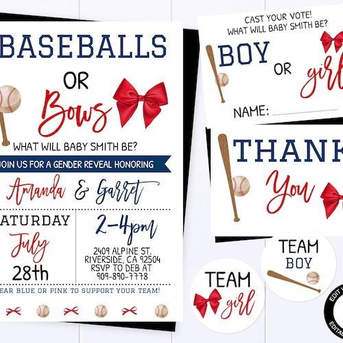 Baseball or Bows Gender Reveal Invitation Baseball and Bows Etsy