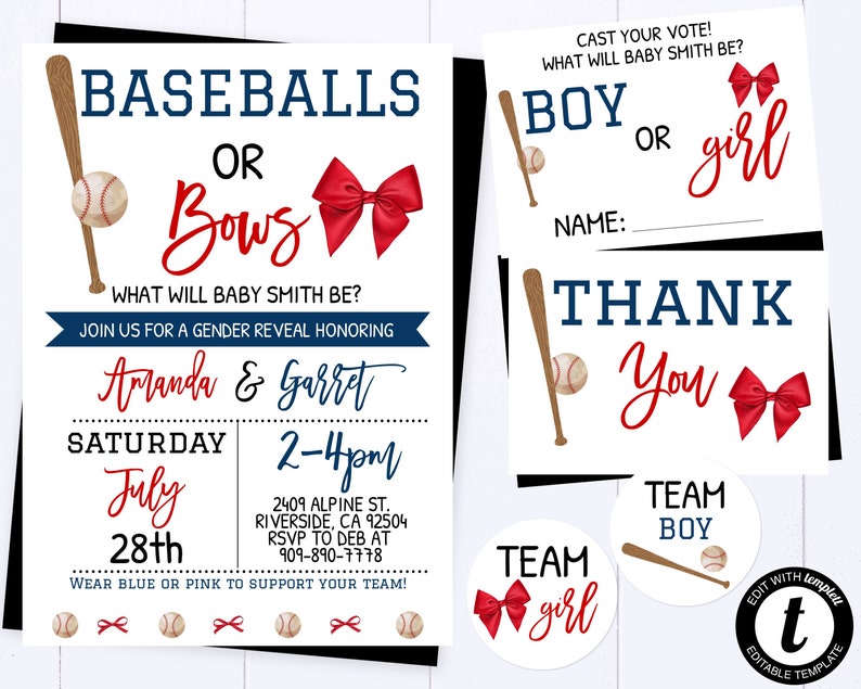 Baseball or Bows Gender Reveal Invitation Baseball and Bows Etsy