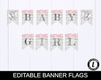 Elephant Welcome Baby Shower Banner Baby Girl Elephant Banner Pink Floral Baby Shower Banner Bunting Baby Shower Wood Elephant Banner