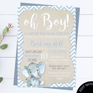 Blue Elephant Baby Shower Boy Invite Blue Baby Shower  Baby Boy Shower Invitations Blue Elephant Boy Baby Shower Blue Elephant Invite