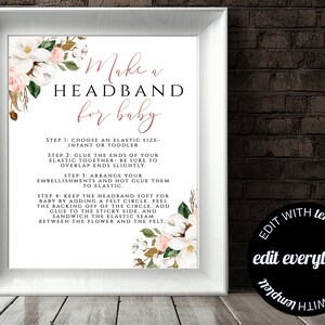 Magnolia Floral Baby Shower Headband Station Sign Floral Baby Shower Headband Sign Headband Station Baby Shower Rose Gold Headband Sign