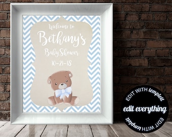 Blue Bear Baby Shower Welcome Sign Baby Welcome Sign Blue Baby Shower Decor Welcome Shower Sign Printable Welcome Sign Printable Sign