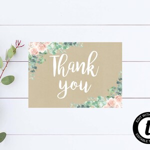Tarjeta de agradecimiento floral rosa Tarjeta de agradecimiento de baby shower para niña imprimible Tarjeta de agradecimiento editable rosa Plantilla de tarjeta de agradecimiento de papel Kraft