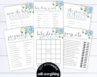 Blue Baby Shower Games Printable Baby Shower Games Package Baby Shower Activity Printable Baby Shower Blue Floral Baby Shower Printable Game