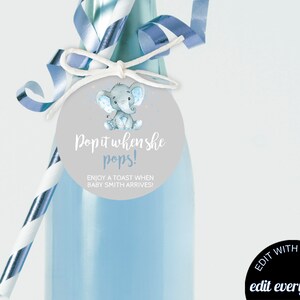 Elephant Baby Shower Champagne Favor Tags Baby Shower Favor Wine Labels Baby Shower Champagne Labels Champagne Bottle Labels Blue Favor Tags