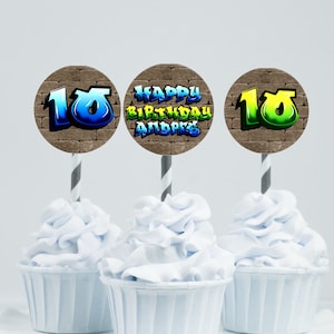 Graffiti Geburtstag Cupcake Toppers Blau und Grün Hip Hop Geburtstag Cupcake Toppers Graffiti 90er Jahre Thema Cupcake Toppers Graffiti Geburtstag