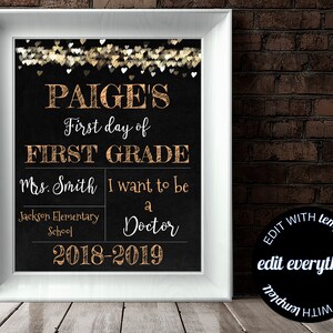 First Day of School Sign Back to School Chalkboard Any Grade Editable ...