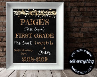 First Day of School Sign Back to School Chalkboard Any Grade Editable 1st Day School Printable Instant Download Girl Glitter Chalkboard Sign