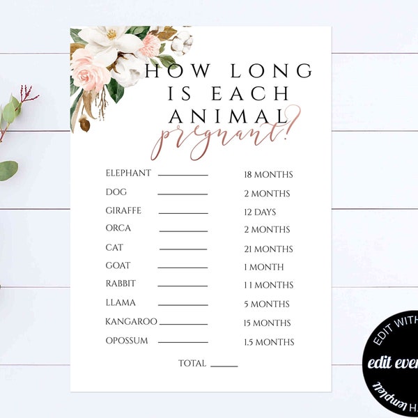 How Long Is Each Animal Pregnant Baby Shower Game How Long Printable Shower Game Animal Pregnancy Baby Shower Game Rose Gold Animal Game