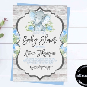 Blue Elephant Baby Shower Boy Invite Blue Floral Baby Shower Baby Boy Shower Invitations Blue Elephant Boy Baby Shower Blue Elephant Invite
