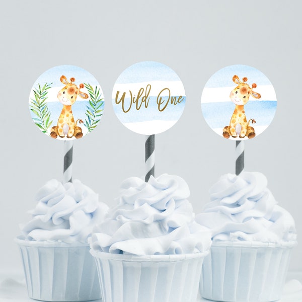 Giraffe Baby Shower Cupcake Toppers Blue Baby Shower Cupcake Toppers Safari Cupcake Toppers Wild One Baby Shower Toppers Giraffe Toppers