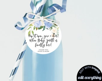 Blue Floral Baby Shower Champagne Favor Tags Baby Shower Favor Wine Favor Tag Baby Shower Champagne Labels Champagne Bottle Blue Floral Tags