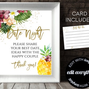 Date Night Ideas For The Couple Activity Tropical Bridal Shower Date Night Ideas Floral Date Night Sign and Cards Gold Date Night Sign