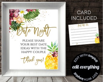 Date Night Ideas For The Couple Activity Tropical Bridal Shower Date Night Ideas Floral Date Night Sign and Cards Gold Date Night Sign