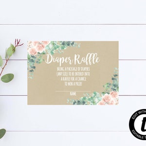 Rifa de pañales florales rosas Boleto de baby shower Boho Baby Shower Inserción de rifa de pañales Baby Shower Papel Kraft Rifa de pañales Insertar tarjeta de pañal