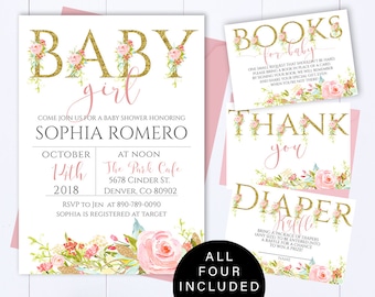Bloemen baby shower uitnodiging sjabloon Roze bloemen baby shower uitnodigen Meisje baby shower bloem uitnodiging Roze en gouden baby shower uitnodigen