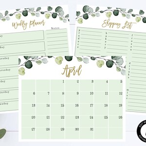 May include: Printable planner with a green and white floral design. The planner includes a weekly planner, a monthly calendar for April, and a shopping list.