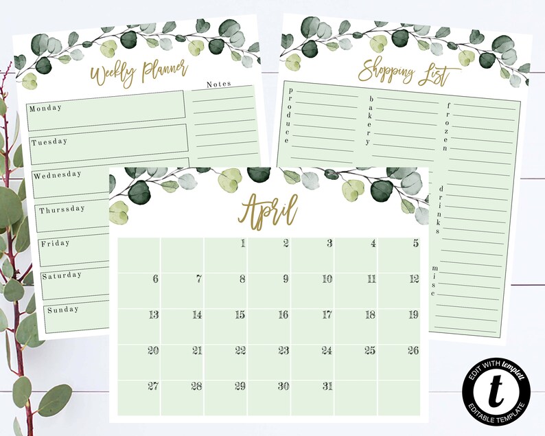 May include: Printable planner with a green and white floral design. The planner includes a weekly planner, a monthly calendar for April, and a shopping list.