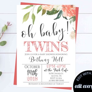 Oh Baby Twins Floral Baby Shower Invitation Template Floral Watercolor Twins Baby Shower Invite Twin Girls Baby Shower Greenery Invitation