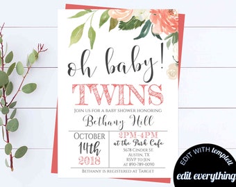 Oh Baby Twins Floral Baby Shower Invitation Template Floral Watercolor Twins Baby Shower Invite Twin Girls Baby Shower Greenery Invitation