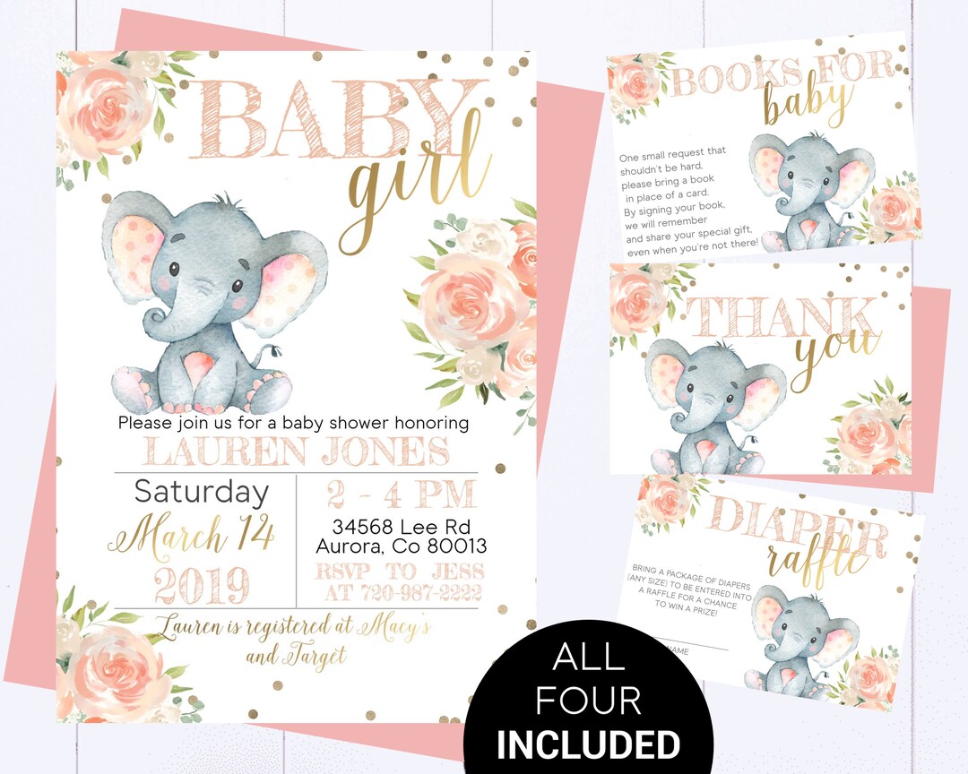 Pink Elephant Baby Shower Invite Pink and Gold Baby Girl Shower ...