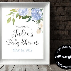 Blue Floral Baby Shower Welcome Sign Baby Welcome Sign Blue Baby Shower Decor Welcome Shower Sign Printable Floral Blue Welcome Sign