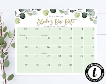 Juego de baby shower con fecha de vencimiento de eucalipto Adivina la fecha de vencimiento Juego de baby shower Calendario de baby shower con vegetación Predicción de cumpleaños Juego de baby shower