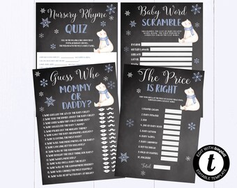 Paquete de juegos para baby shower de oso polar Paquete de juegos para baby shower de invierno imprimible Juegos imprimibles de Baby Shower de copo de nieve para imprimir