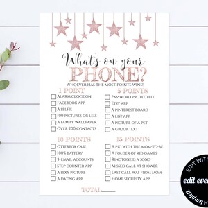 Rose Gold What&#39;s On Your Phone Baby Shower Game Twinkle Phone Game Printable Shower Game Paper Phone Baby Shower Game What&#39;s On Your Phone?