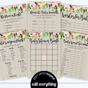 Floral Baby Shower Games Printable Baby Shower Games Package Baby Shower Activity Printable Baby Shower Bingo Baby Shower Printable Game
