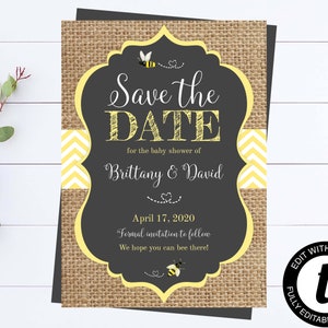 Bee Baby Shower Save The Date Gelb und Grau Baby Shower Sackleinen Save The Date Karte zum Ausdrucken Save The Date Honeybee Save The Date Vorlage