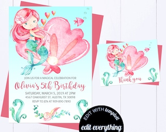 Mermaid Birthday Invitation, Mermaid Party Invite, Under The Sea Mermaid Invite, Pink Mermaid Invite, Editable Little Mermaid Invitation