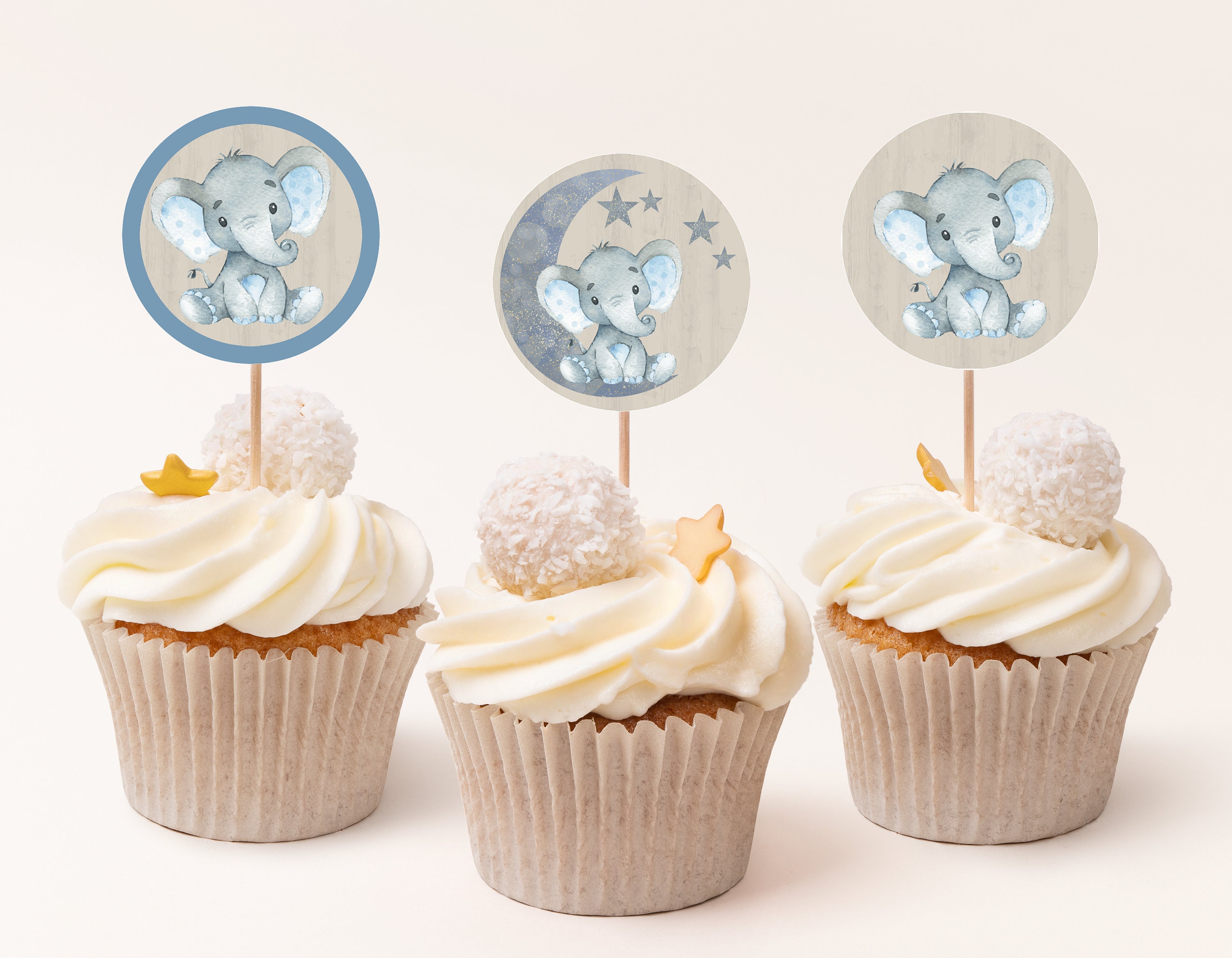 Elephant Baby Shower Cupcake Toppers Blue Elephant Baby Shower Etsy