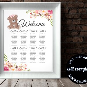 Floral baby shower zitplaatsen grafiek afdrukbare baby shower zitplaatsen plan Floral Bear zitplaatsen bewerkbare sjabloon Woodland Floral Bear zitplaatsen grafiek