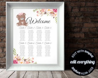 Floral Baby Shower Seating Chart Printable Baby Shower Seating Plan Floral Bear Seating Editable Template Woodland Floral Bear Seating Chart