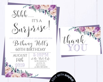 Surprise Birthday Party Invitation Floral 60th Birthday Invitation Purple Surprise Birthday Party Invitation Shhh It's A Surprise Birthday