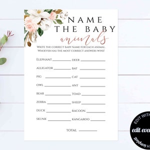 Floral Baby Shower Name The Baby Animal Game Baby Shower Name The Animal Activity Rose Gold Baby Shower Name The Baby Animals Printable Game