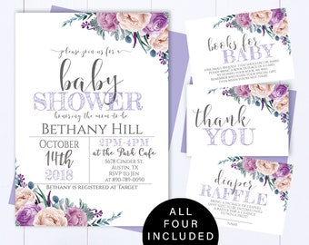 Purple Floral Baby Shower Invitation Template Floral Watercolor Baby Shower Invite Baby Girl Shower Floral Invite Girl Purple Shower Invite