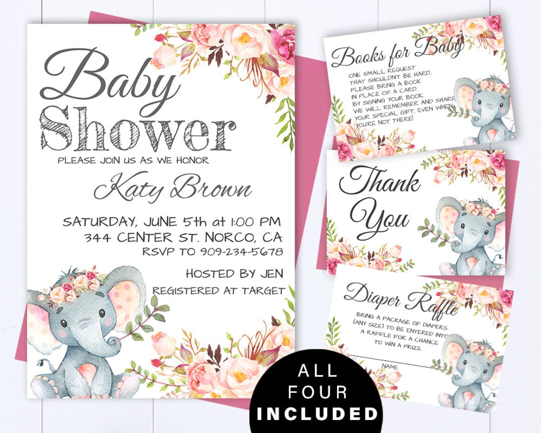 Pink Elephant Baby Shower Invite Pink and Gray Baby Girl Shower ...