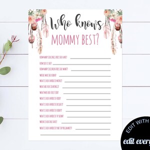 Who Mommy Knows Mommy Best Baby Shower Game Dreamcatcher Who Knows Mommy Shower Game Shower Boho Baby Shower Who Knows Mommy Shower Game