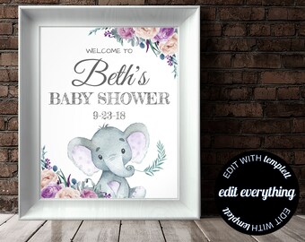 Bloemen Olifant Baby Douche Welkom Teken Baby Welkom Teken Baby Douche Decor Welkom Douche Teken Afdrukbaar Welkom Teken Afdrukbaar Teken